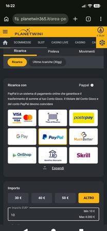 Cassa Planetwin365 con deposito PayPal da 10€ e limiti min 10€ max 4.000€