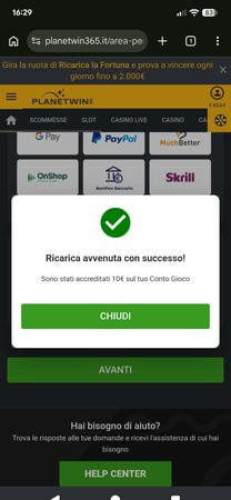Messaggio di Planetwin365 che conferma l'accredito di 10€ sul conto gioco