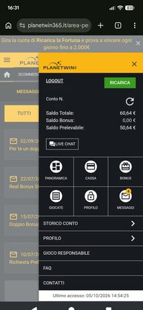 Saldo del conto gioco Planetwin365 aggiornato a 60,64€ dopo il deposito PayPal