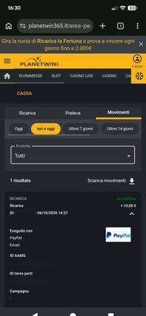 Movimenti del conto Planetwin365 con la ricarica PayPal da 10€ accreditata alle 16:27