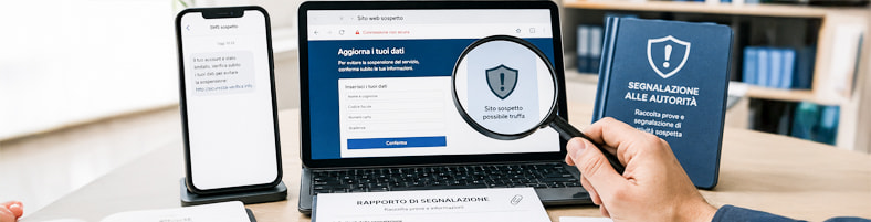 Smartphone con SMS sospetto e laptop su sito pericoloso, accanto a un dossier di segnalazione alle autorità.