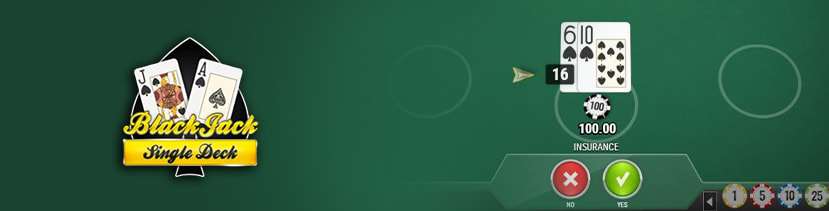 Il logo di Single Deck Blackjack con il tavolo RNG con carte e pulsanti di selezione dell'assicurazione.