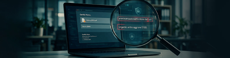 Email di spear phishing con fattura e nuovo IBAN su un laptop, la lente mette in evidenza il dominio falso.