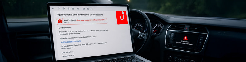 Email phishing Telepass: schermata laptop con email fraudolenta che imita Telepass