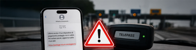 SMS truffa Telepass: smartphone con messaggio di phishing che imita Telepass e link malevolo
