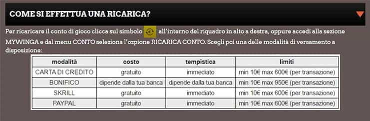 Metodi di pagamento di Winga