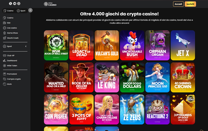 La homepage del casinò non AAMS WSM Casino