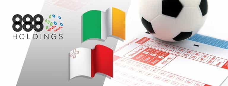 Alcune fiches, una schedina scommesse, le bandiere di Malta e dell'Irlanda e il logo di 888 Holdings