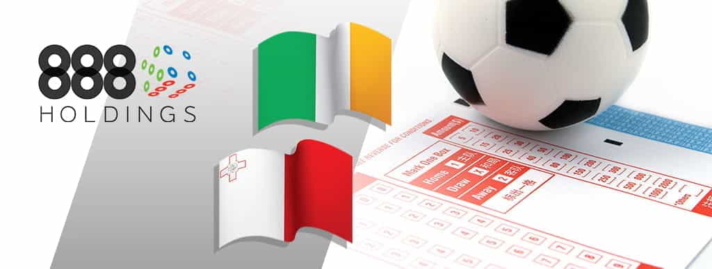Alcune fiches, una schedina scommesse, le bandiere di Malta e dell'Irlanda e il logo di 888 Holdings