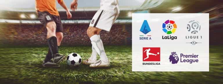 Due calciatori a contrasto e i loghi di Serie A, Liga, Ligue 1, Bundesliga e Premier League