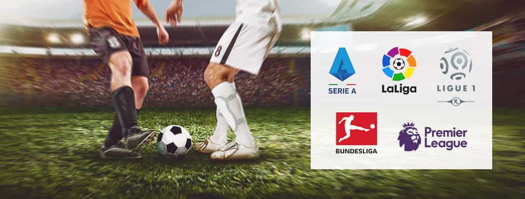 Due calciatori a contrasto e i loghi di Serie A, Liga, Ligue 1, Bundesliga e Premier League