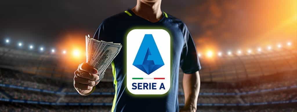 Il logo della Serie A 2019-2020 e un calciatore con delle banconote in mano
