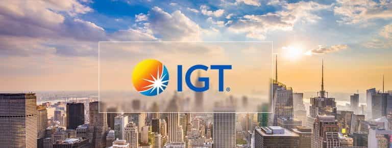 Il logo di IGT Global Solutions e un panorama di New York City