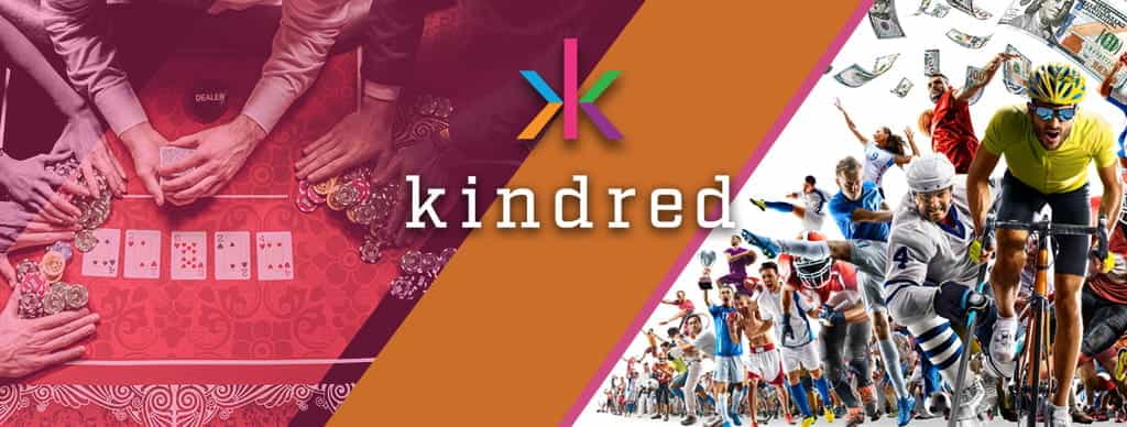 Il logo di Kindred Group, un tavolo da poker e degli sportivi in azione