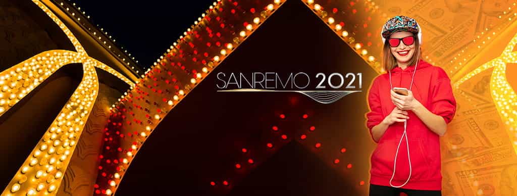 Il logo del Festival di Sanremo 2021 e una ragazza che ascolta musica