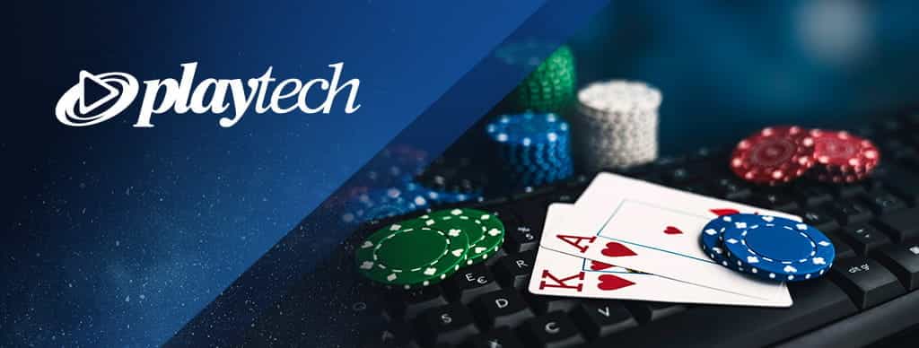 Il logo di Playtech, delle fiches da casinò, delle carte da poker