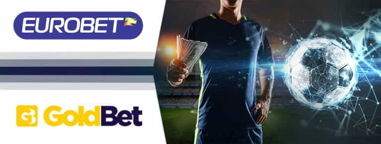 Il logo di Eurobet e il logo di GoldBet, un calciatore generico con dei soldi in mano e un pallone da calcio