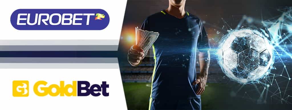 Il logo di Eurobet e il logo di GoldBet, un calciatore generico con dei soldi in mano e un pallone da calcio