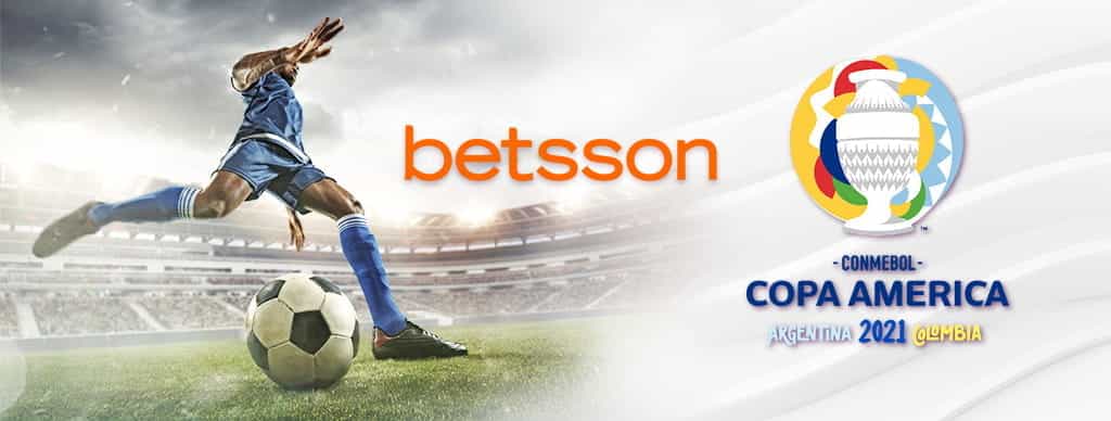 Il logo di Betsson, il logo della Copa America 2021, un calciatore in azione