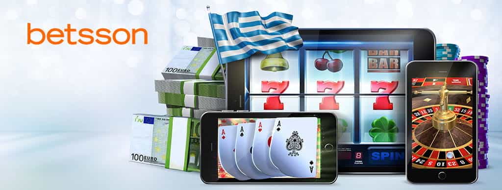 Il logo di Betsson, la bandiera della Grecia, giochi di casinò online su smartphone e tablet, delle banconote