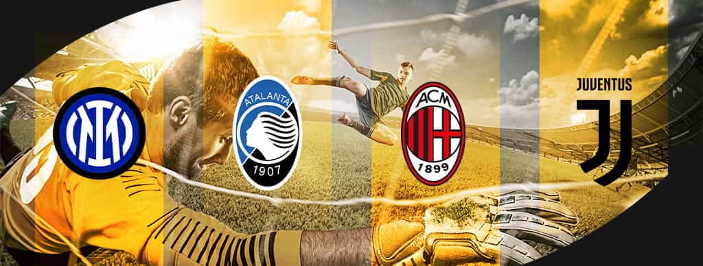 I loghi di Atalanta, Inter, Milan e Juventus e dei calciatori in azione
