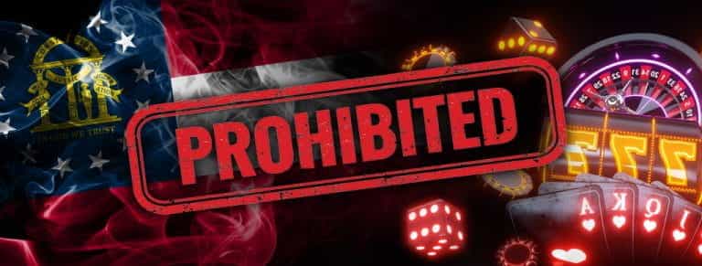 Giochi da casinò, bandiera della Georgia e la scritta rossa Prohibited.
