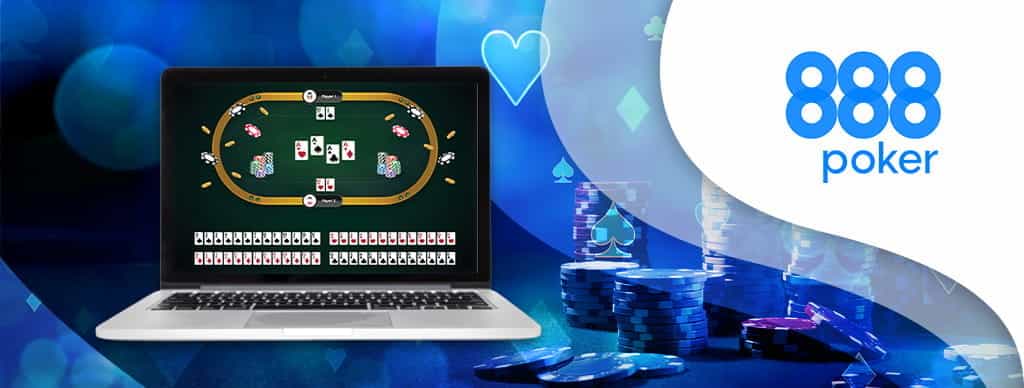 Schermo laptop con un torneo di poker, fiches, logo 888poker