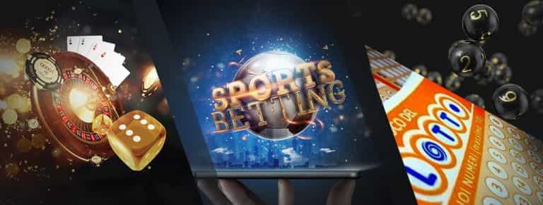 Roulette e giochi da casinò, scritta Sports Betting, schedina del Lotto con palline del Lotto