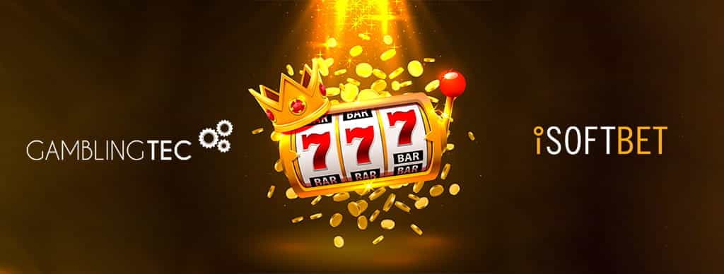 Rullo di una slot, logo GamblingTec, logo iSoftBet