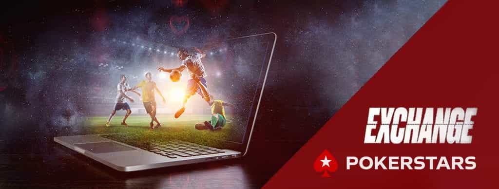 Partita di calcio sullo schermo di un laptop, logo Pokerstars Exchange