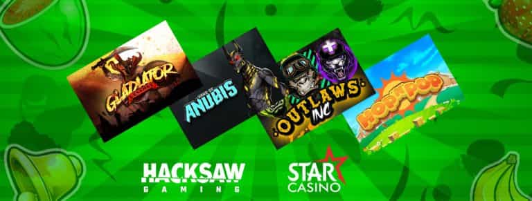 Immagini delle slot Hand Of Anubis, Gladiator Legends, Outlaws Inc., Hop N Pop, logo StarCasinò e logo Hacksaw Gaming