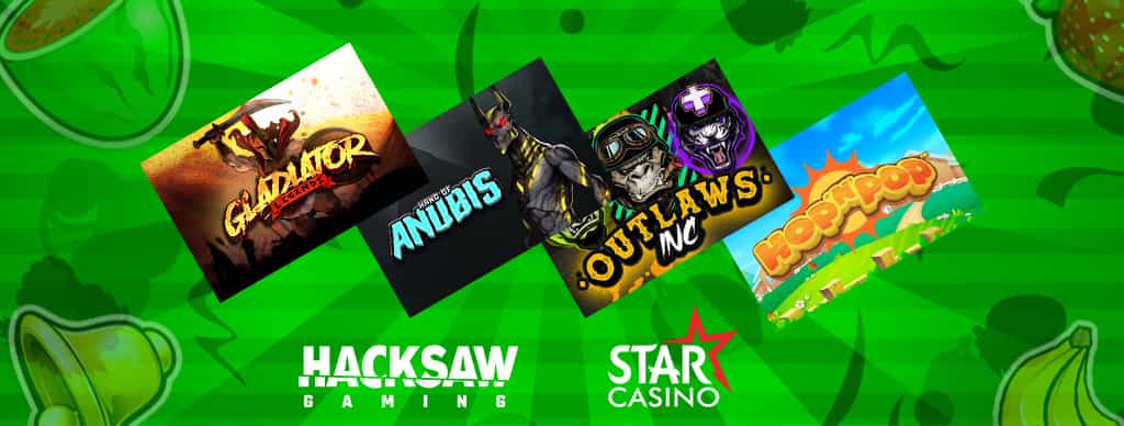 Immagini delle slot Hand Of Anubis, Gladiator Legends, Outlaws Inc., Hop N Pop, logo StarCasinò e logo Hacksaw Gaming