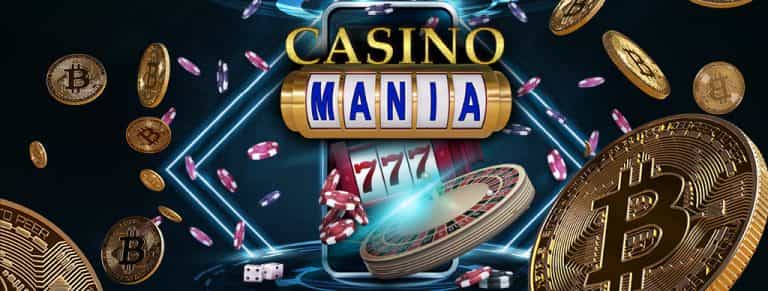 Giochi da casino, logo CasinoMania, simbolo del Bitcoin