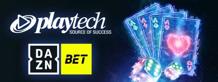 Logo Dazn Bet, logo Playtech, poker d'assi e 2 dadi