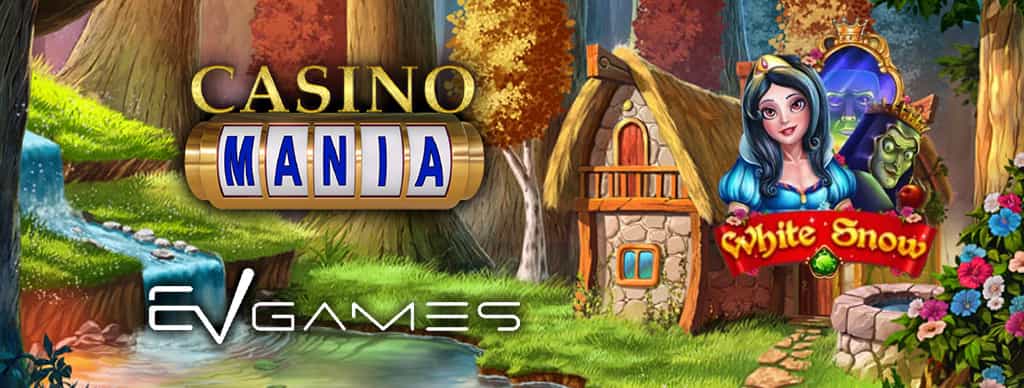 Immagine della slot White Snow, logo CasinoMania e logo EVGames