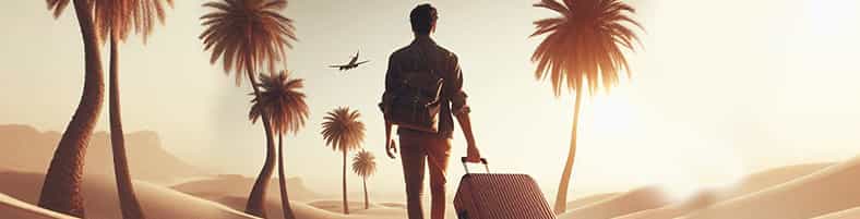 figura di spalle con valigia in ambiente esotico