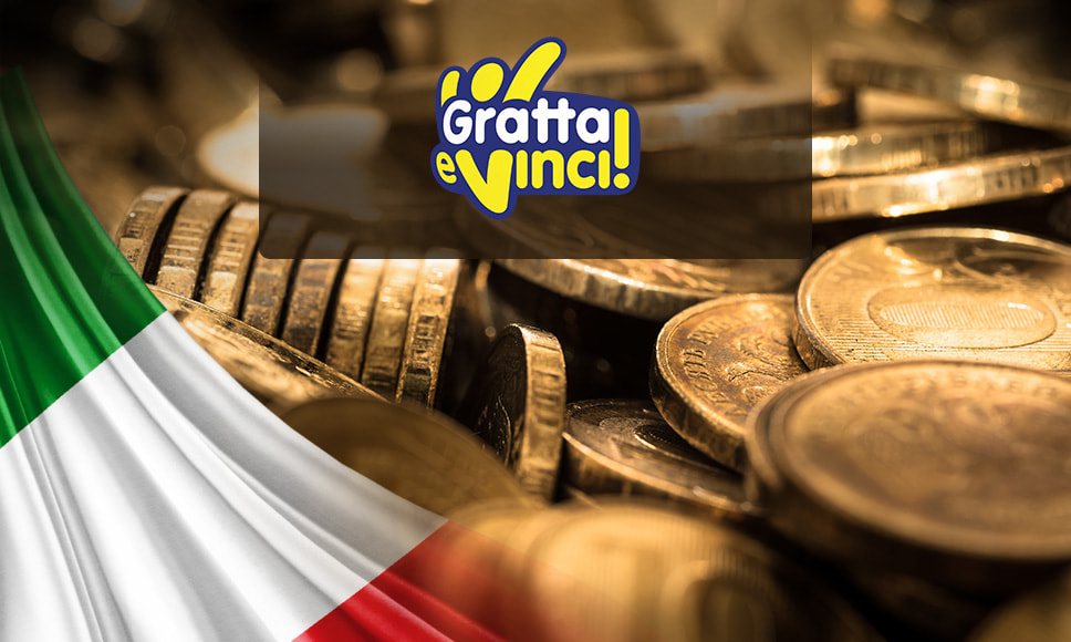 Monete d'oro, bandiera italiana, logo Gratta e Vinci