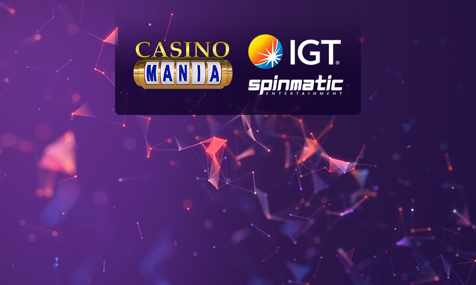 Logo CasinoMania, logo IGT e logoSpinmatic