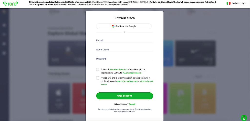 Comprare CFD di Bitcoin su Etoro - registrazione 