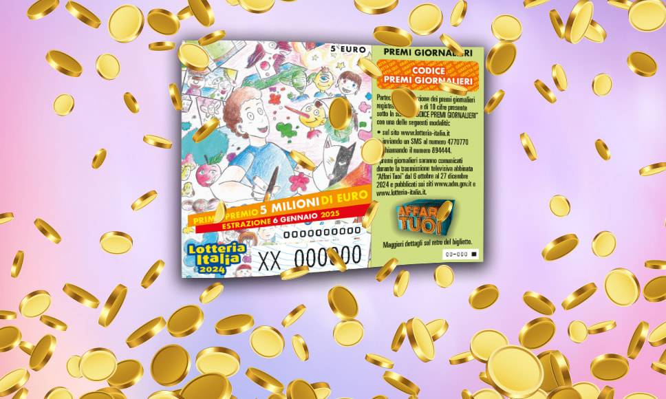 Biglietto della lotteria e monete sullo sfondo