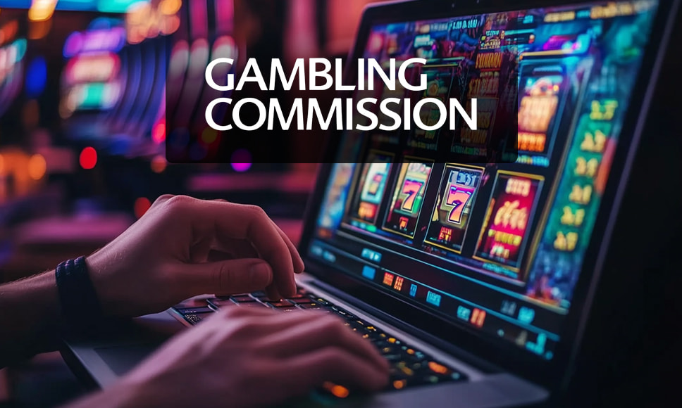 Logo Gambling commission e mani che giocano ad una slot
