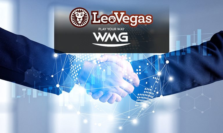 Logo LeoVegas e logo WMG con immagine di stretta di mano