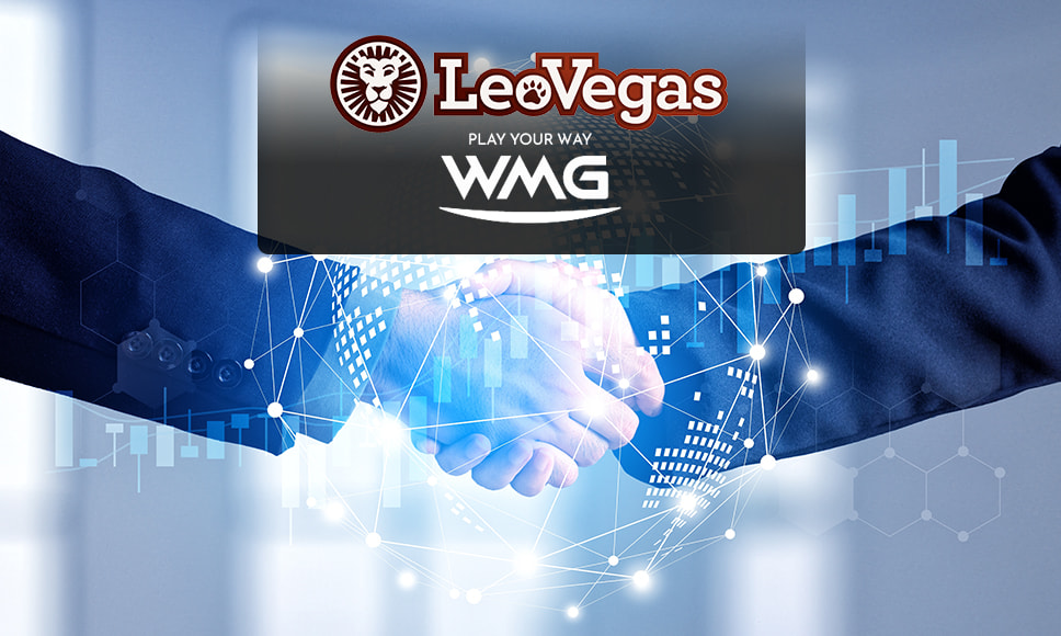 Logo LeoVegas e logo WMG con immagine di stretta di mano