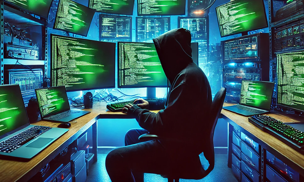Hacker circondato da schermi
