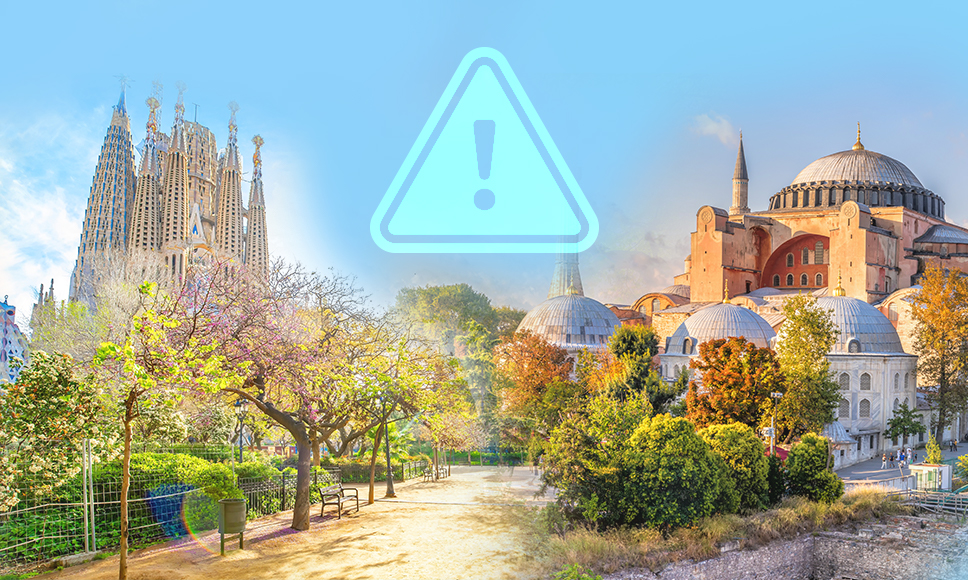Monumenti Instanbul e Barcellona con segnale di pericolo