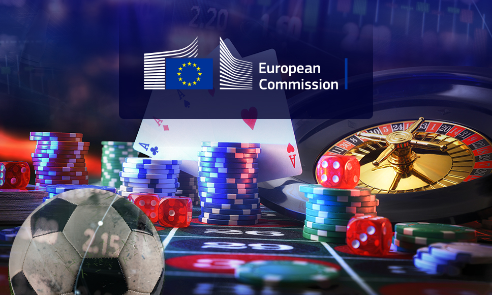 Logo Commissione Europea, pallone da calcio e elementi casinò