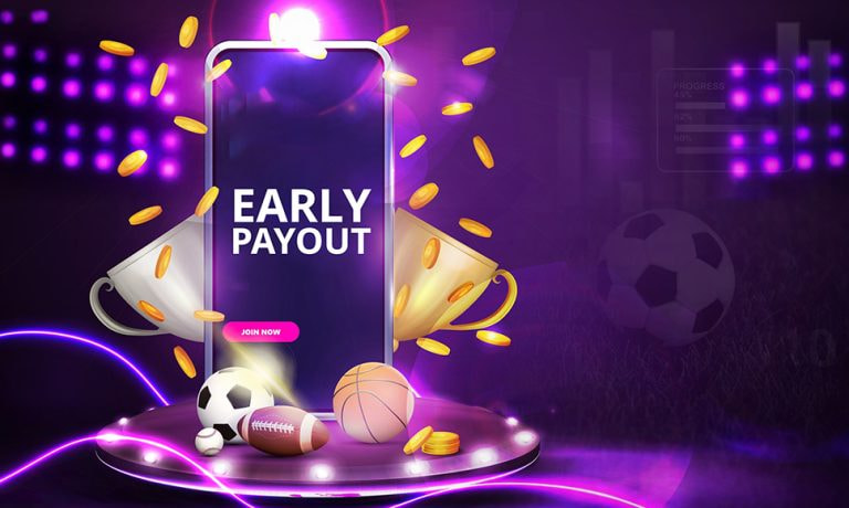 Smartphone con scritta Early payout, monete e palloni da sport