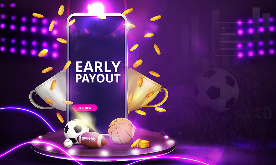 Smartphone con scritta Early payout, monete e palloni da sport