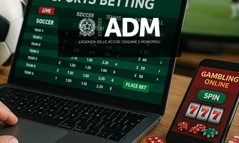 Laptop e smartphone con siti gambling e logo ADM
