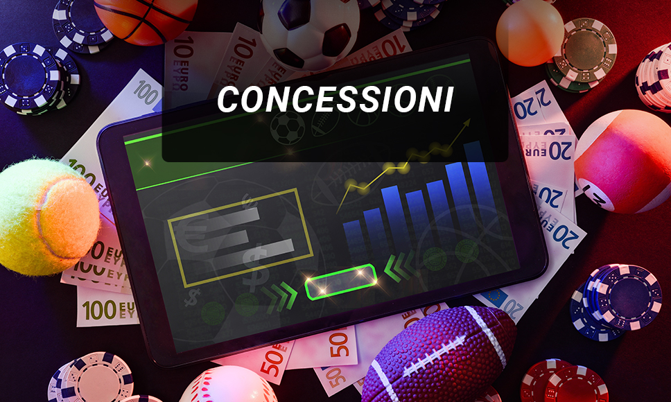 Tablet con un grafico, fiches, palline, soldi e la scritta Concessioni